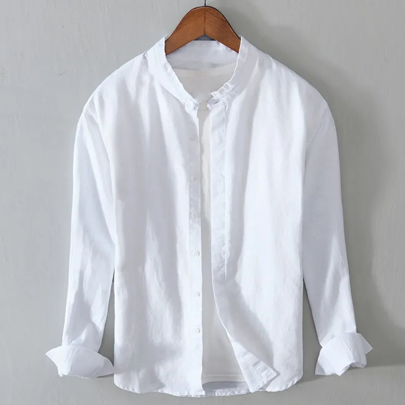 

Рубашка мужская из хлопка и льна, мягкая дышащая повседневная с воротником-стойкой и длинными рукавами, с воротником с лацканами, на пуговицах, осень-весна