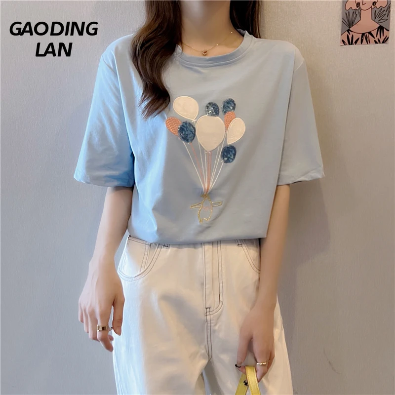 

GAODINGLAN Summer Embroidery Sequin Women Short Sleeve T-shirt Versatile Round Neck Large Size Cotton Tops Harajuku Loose Tees
