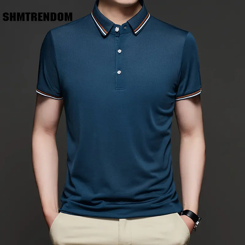 

SHMTRENDOM Fashion Business Casual T Shirts Thin Short Sleeve Tshirt Men Slim Solid Color Turn-Down Collar T-Shirt Men Tops