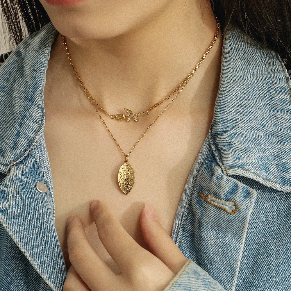 

Summer New Fashion Trend Stainless Steel Double Layer Rose Leaf Pendant Clavicle Necklace Women Jewelry Party Gift Wholesale