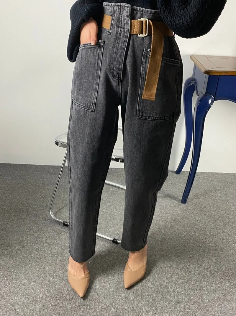 

2021 Women Korean High Waist Ankle Length Baggy Belted Harem Jeans Pants Fashion Vintage Mom Jean Loose Washed Denim Trousers