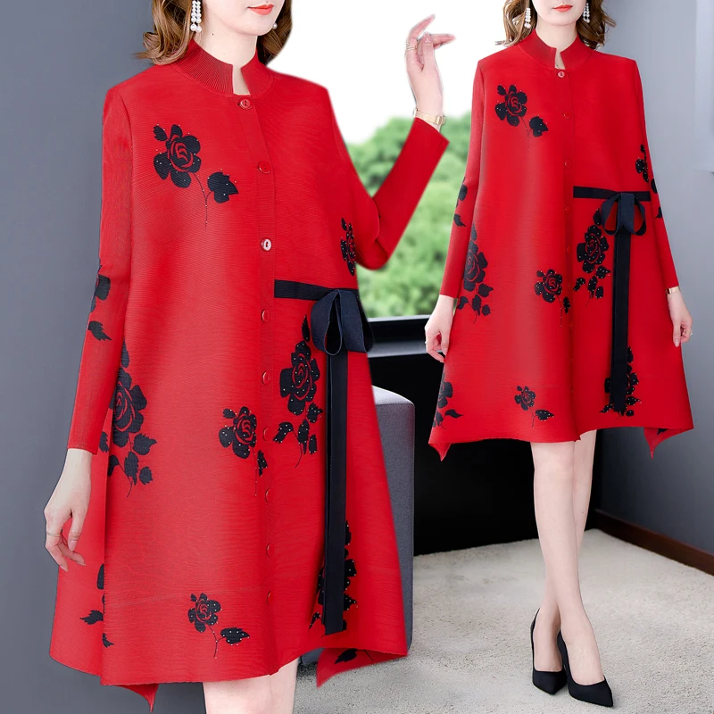 

2022 Spring Fashion Elegante Red Ladies Dresses Long Sleeve Middle Aged Mother Shirt Dress Loose Clothes