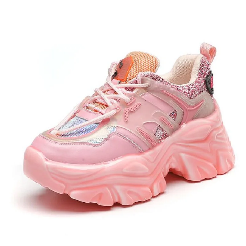 

Женские кроссовки на платформе, розовые кроссовки на массивной вулканизированной подошве, повседневная спортивная обувь для ходьбы, весна-...