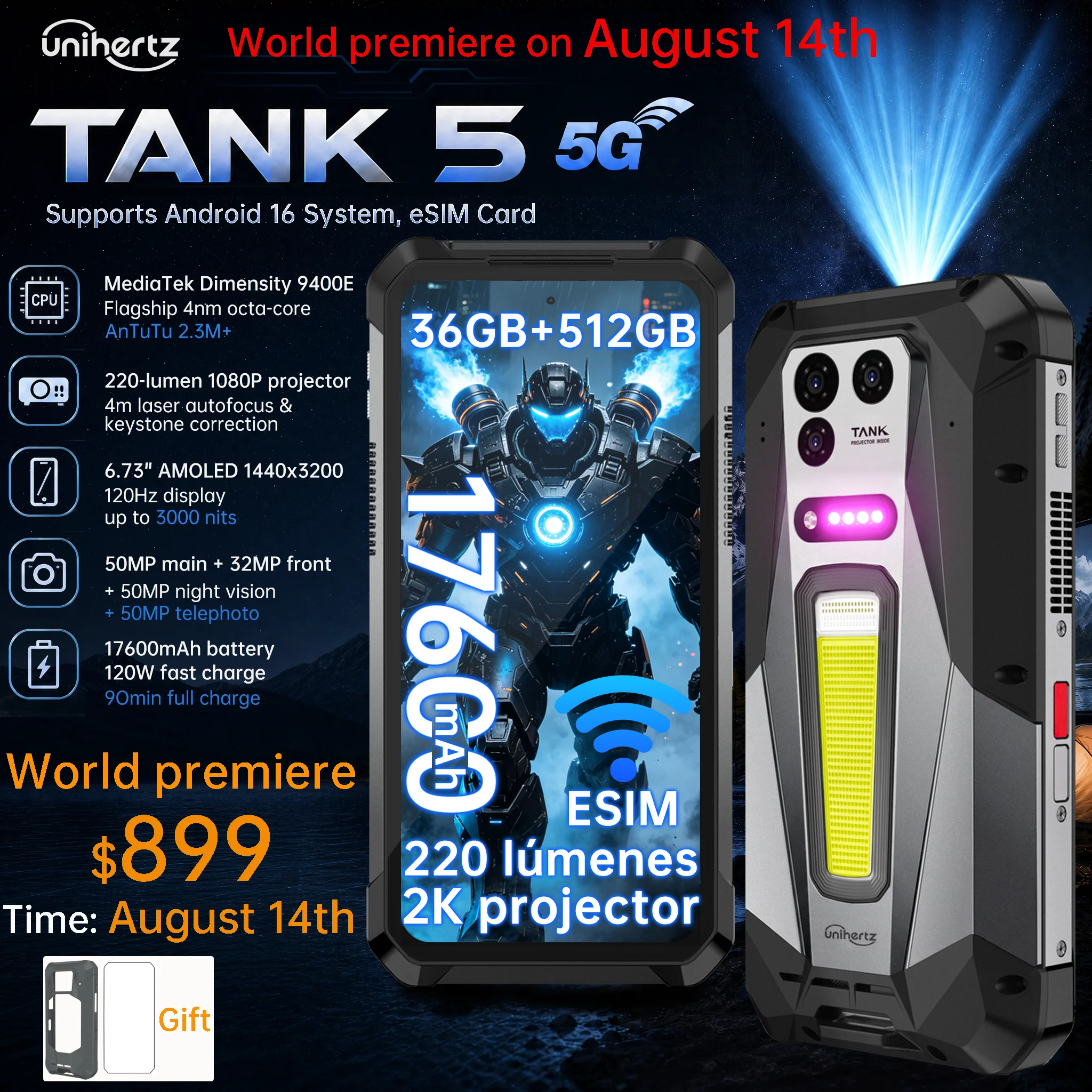 Фото Прочный смартфон Unihertz 8849 TANK 5 — первый в мире смартфон с 2K-проектором, процессором 9400e, 3K AMOLED-дисплеем, 18 ГБ+1 ТБ памяти, батареей 17600 мАч, поддержкой eSIM и Wi-Fi 7. №1