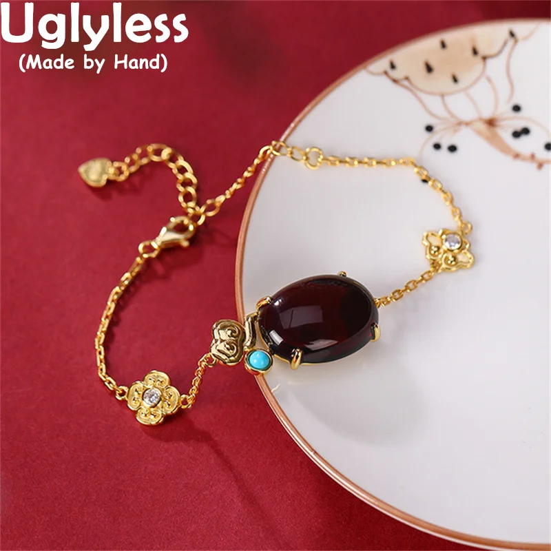 

Uglyless Ethnic RUYI China Chic 925 Silver Chains Bracelets for Women Natural Gemstones Blood Amber Bracelets Vintage Jewelry