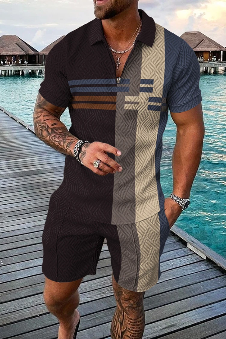 High Quality Fashion Summer Tracksuit Suit Zipper Polo Shirt Oversized 2 Piece Sets for Men Business Casual Printed Outfits Men