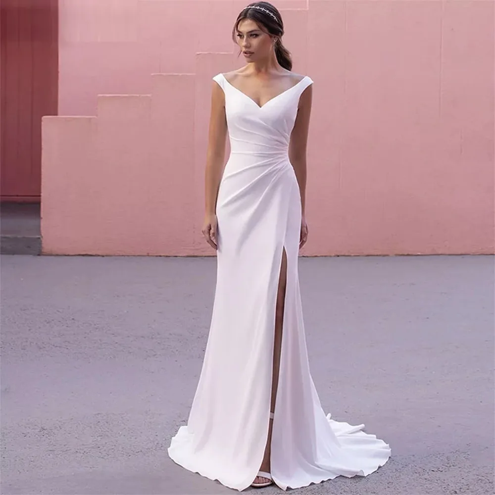 

Elegant Jersey Beach Side Slit Wedding Dress 2022 Sexy V-Neck Sleeveless Pleats Sweep Train Bridal Gowns with Zipper Back