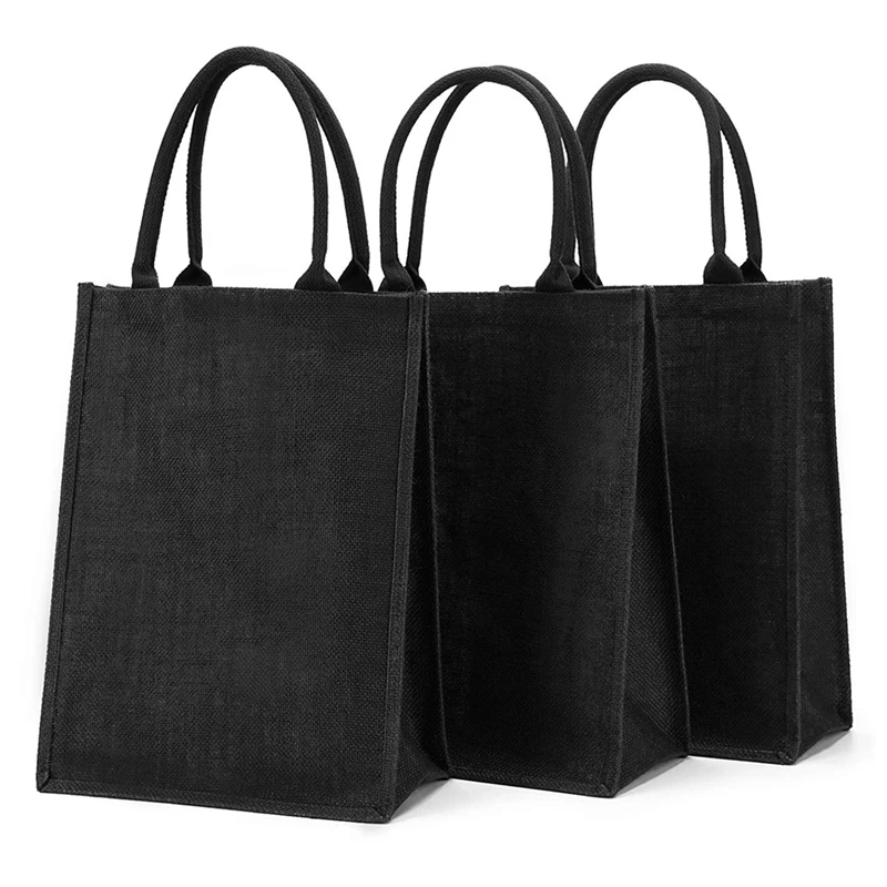 

Hot Kf-3 PC Jute Tote, Lined Burlap Tote Bags With Handles, Reusable Grocery Bag For Women Shopping Tote, Plain Black Jute Bags