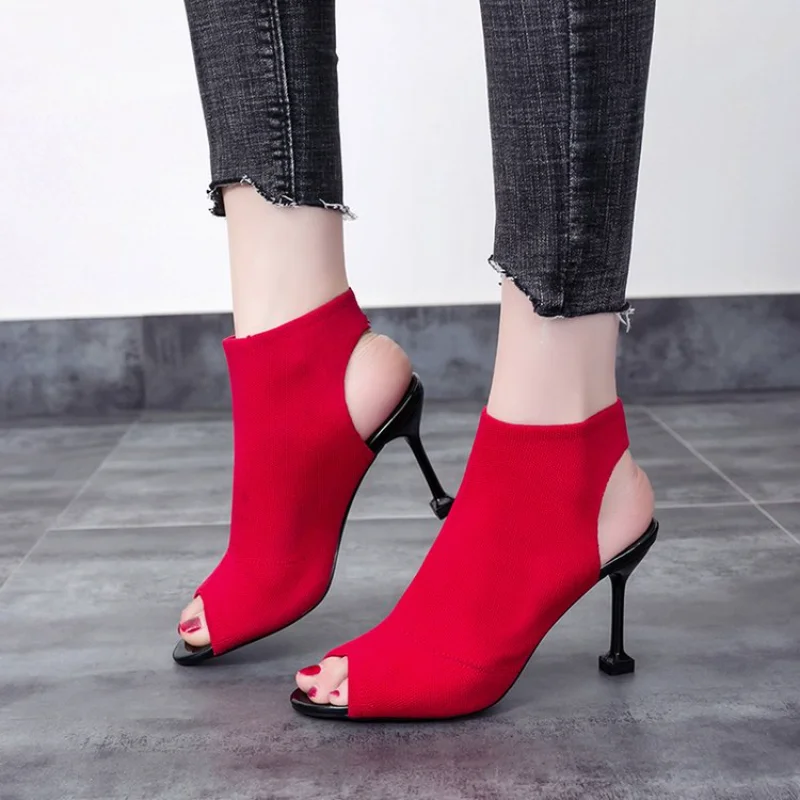 

Knitted Elastic Mesh Peep Toe High Heel Sandals Women 2023 Summer New Thin Heels Slip-On Women's Pumps Fashion Dress Shoes