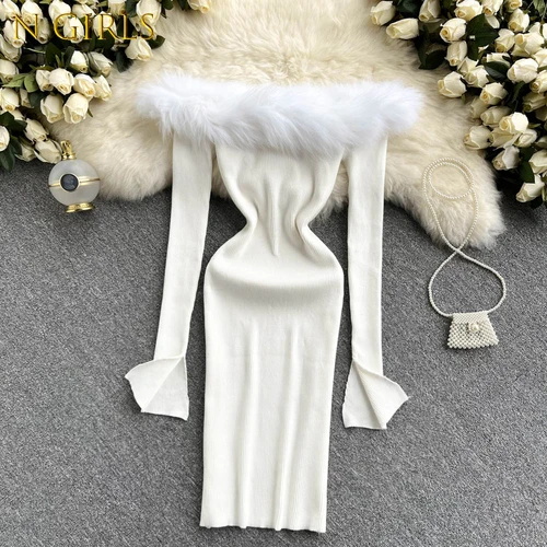 

N GIRLS2022 Light Luxury Ladies Style Furry Slash Neck Woman Dress Off-shoulder Split Robe Femme Long Sleeve Knitted Short