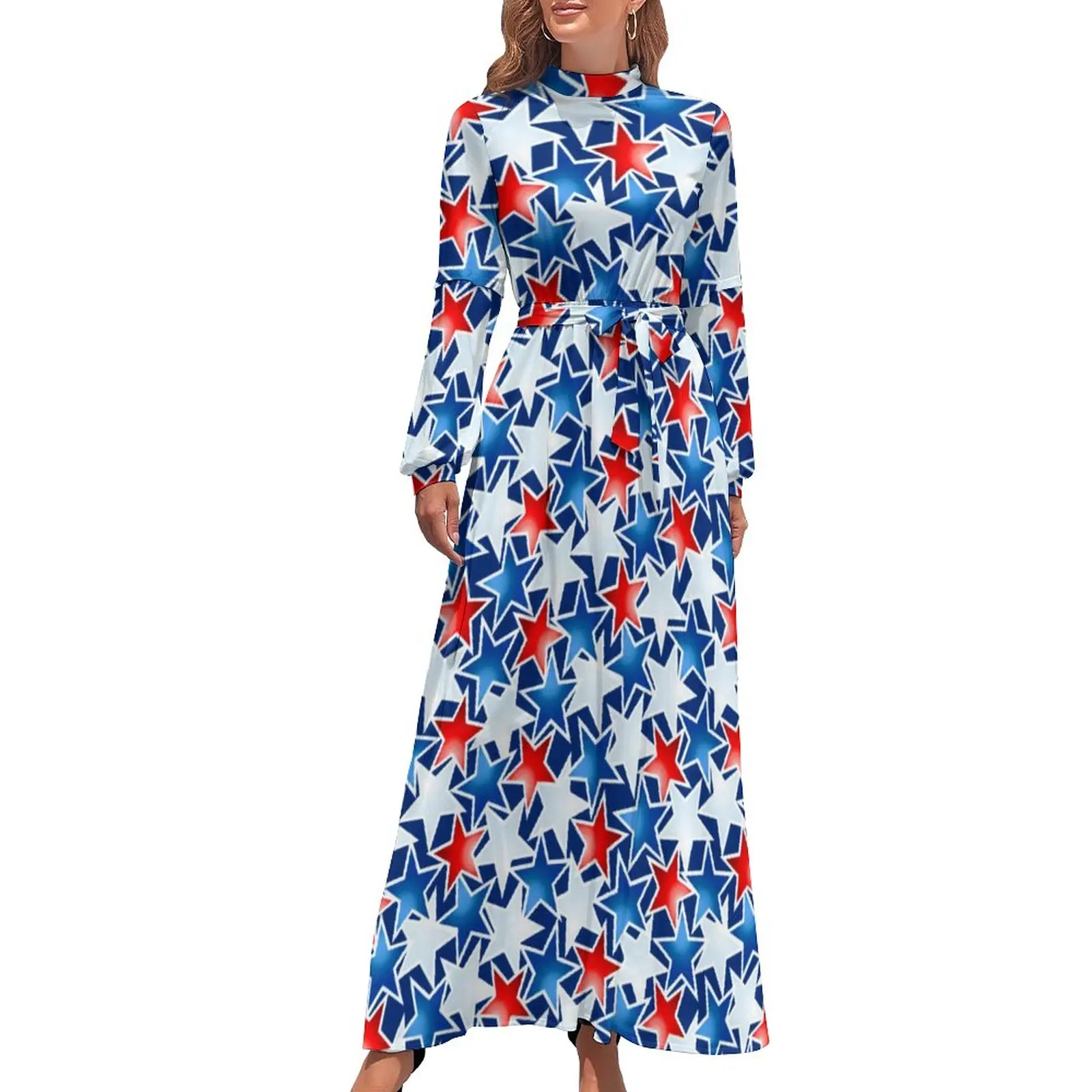 

Платье-макси с длинным рукавом и высоким воротом, красное, белое и синее