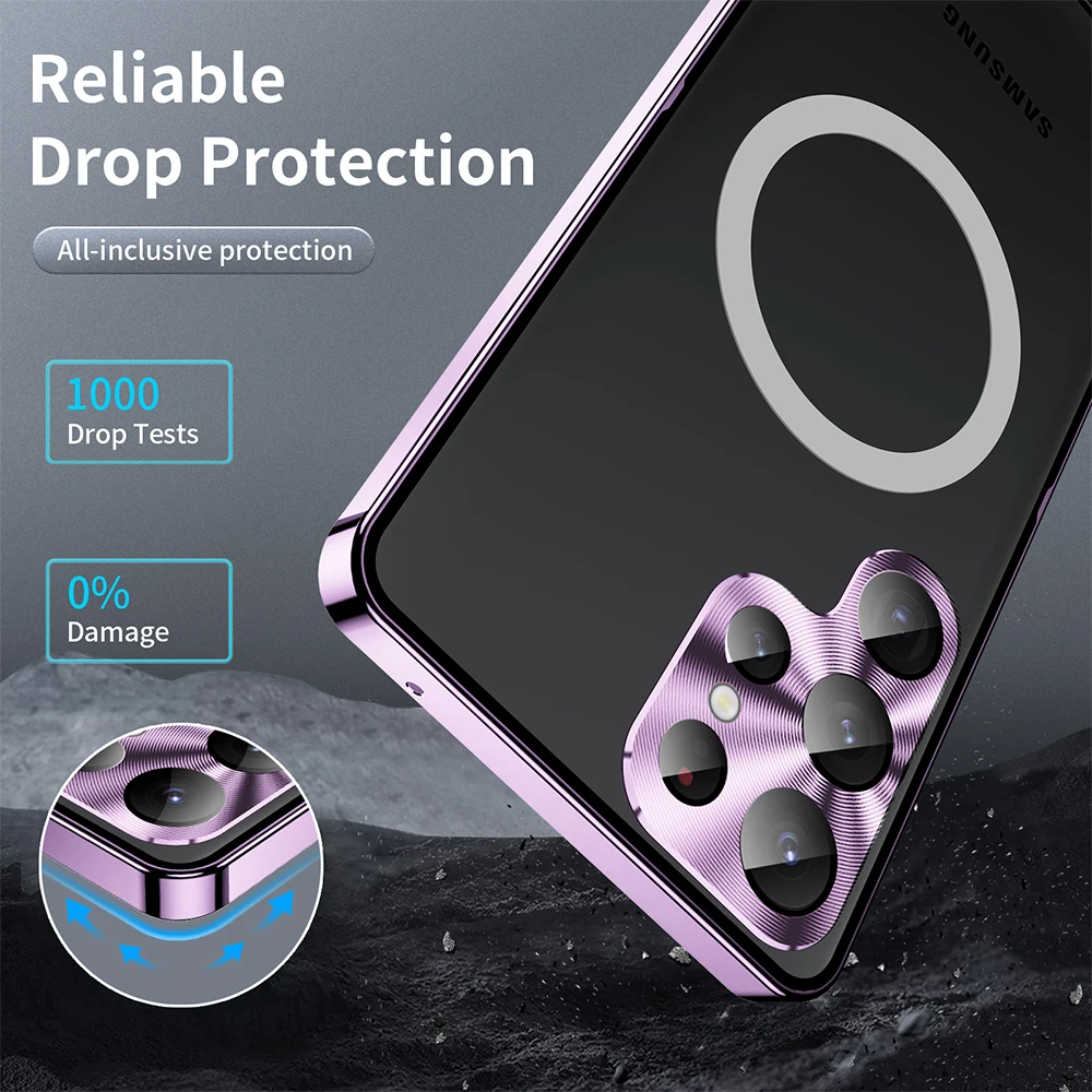 Metal Cover For Galaxy S23 Ultra Case FE S22 Plus Aluminum Frame Translucent Frosted Magnetic Core Back Built-in Lens Protector