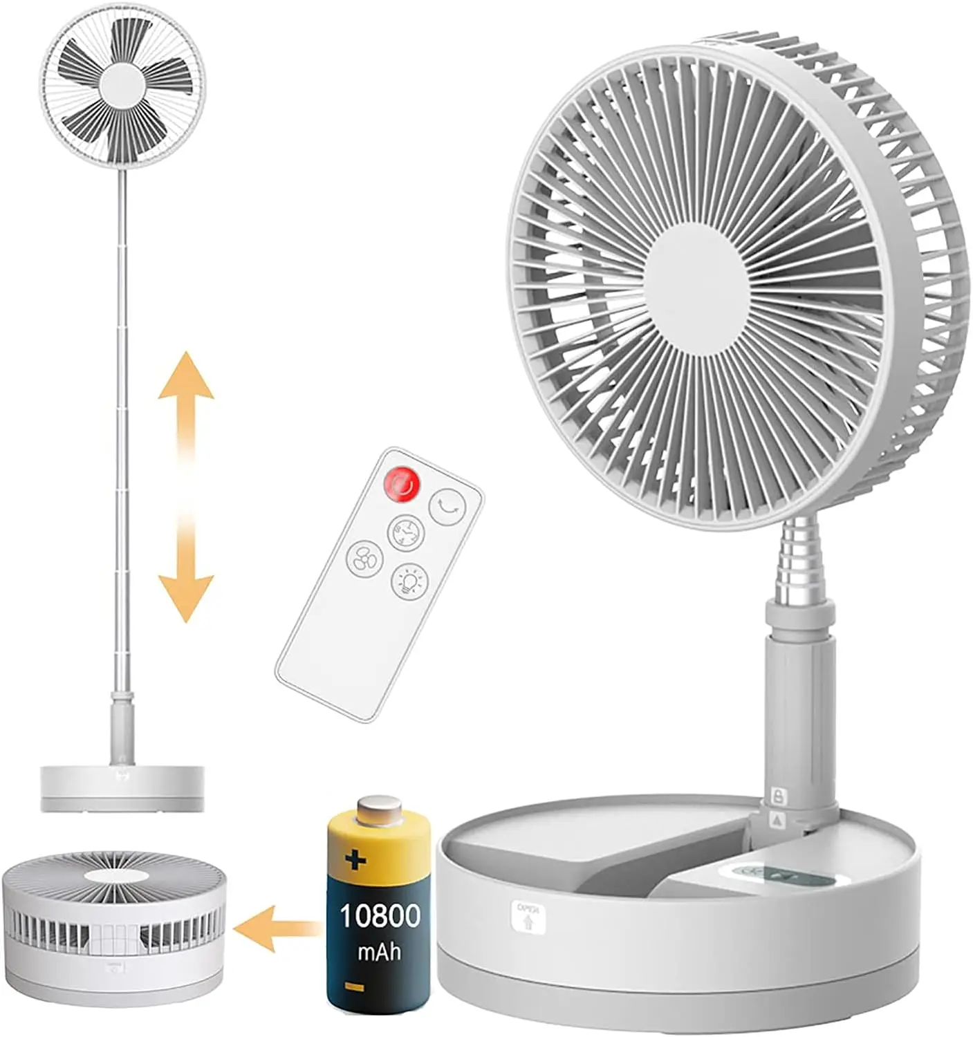 

Oscillating Fan, 10800mAh Rechargeable Battery Operated Fan Desk and Floor Fan, 4 Speeds Height Adjustable Foldaway Fan with Rem