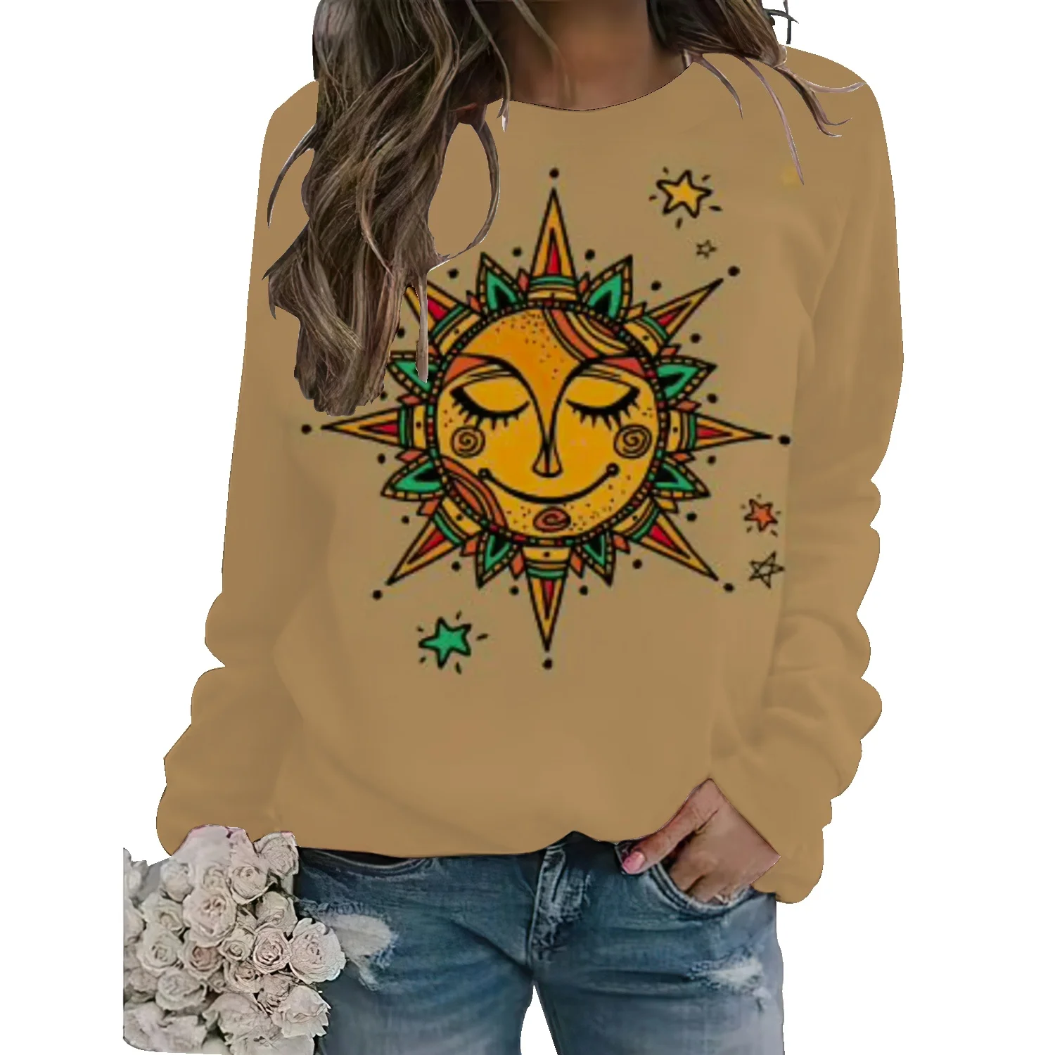 

Женский свитер с круглым вырезом, длинным рукавом и 3D-принтом