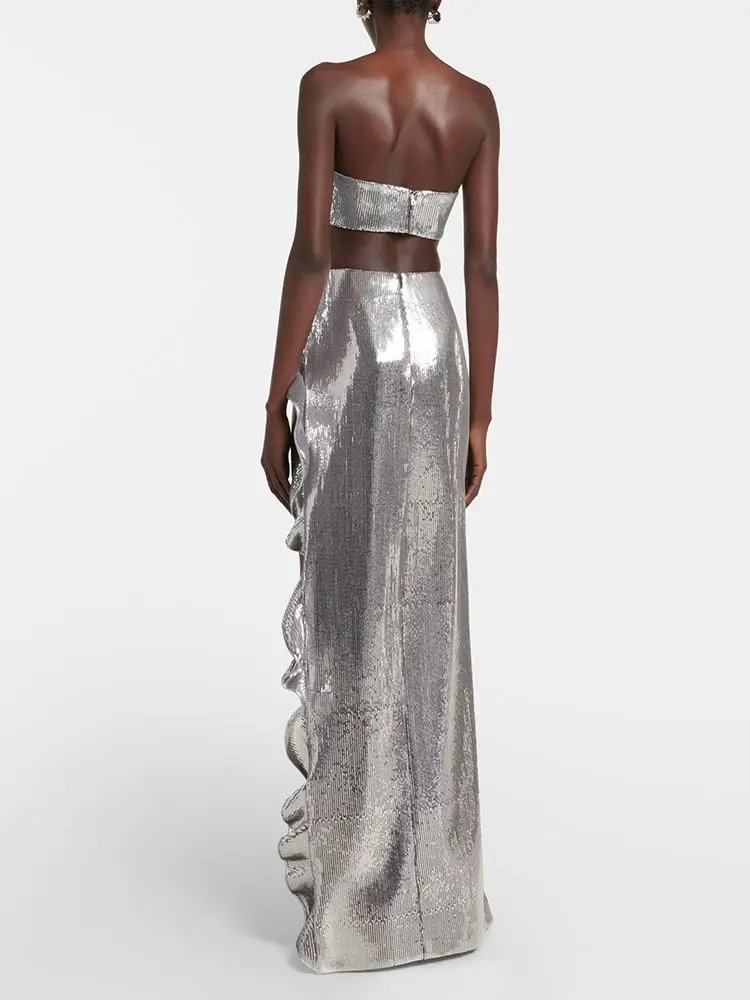 Fashion Sexy Women Sequins 2-Piece Set Elegant Luxury Short Top  Ruffled Side Split Long Skirt Birthday Evening Cocktail Party