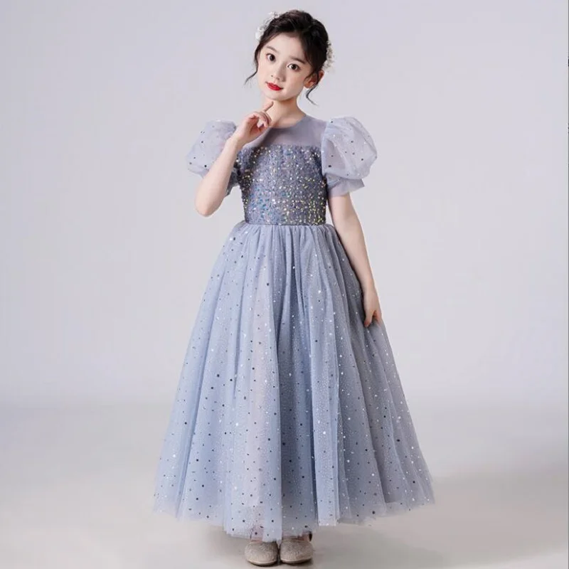 Летнее платье для девочек 5-14 лет платья принцессы с блестками и пышными рукавами