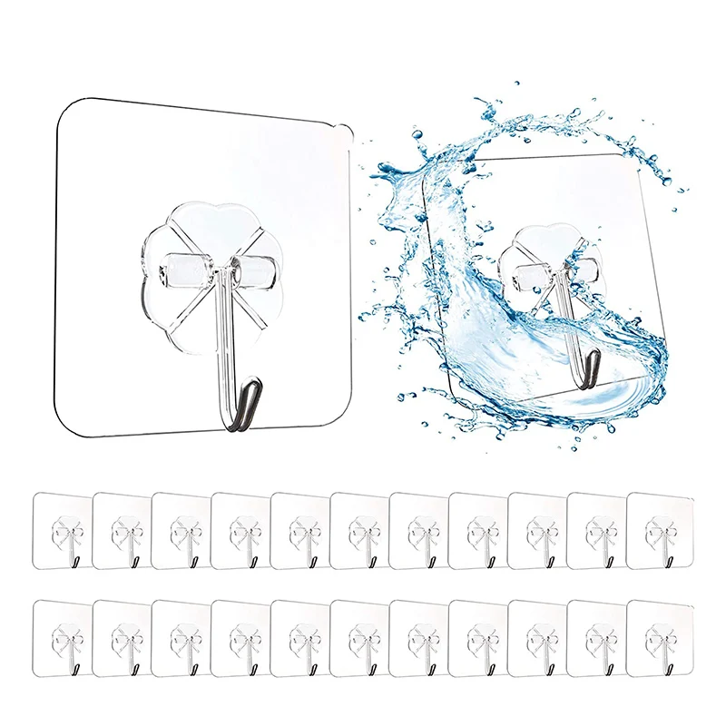 

10/20pcs Transparent Adhesive Hooks Waterproof & Oilproof Reusable Seamless Hooks Heavy Duty Wall Hook for Kitchen Bathroom
