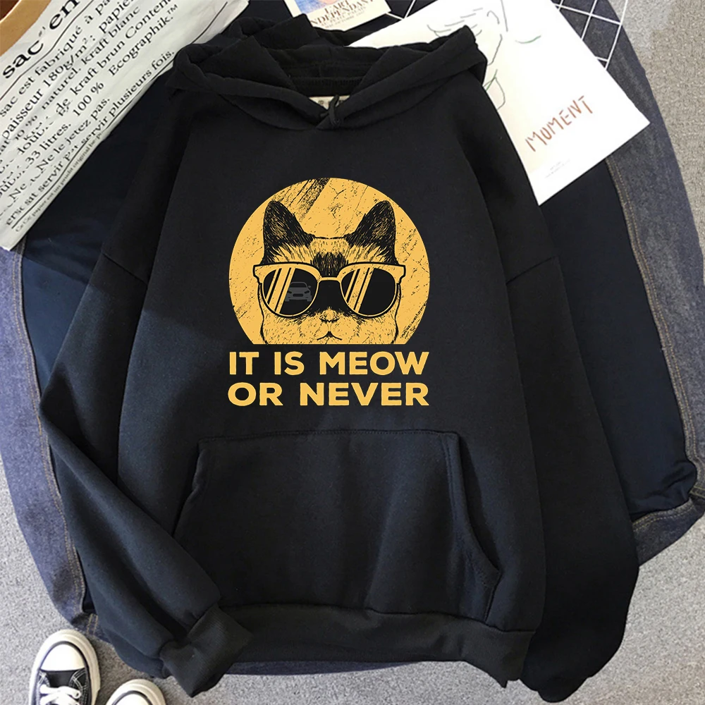 

It Is Meow Or Never Men'S Hooded Hoodie Meme Cat Graphic Aesthetic Brand Casual Man Sweatshirt Harajuku Streetwear Clothes