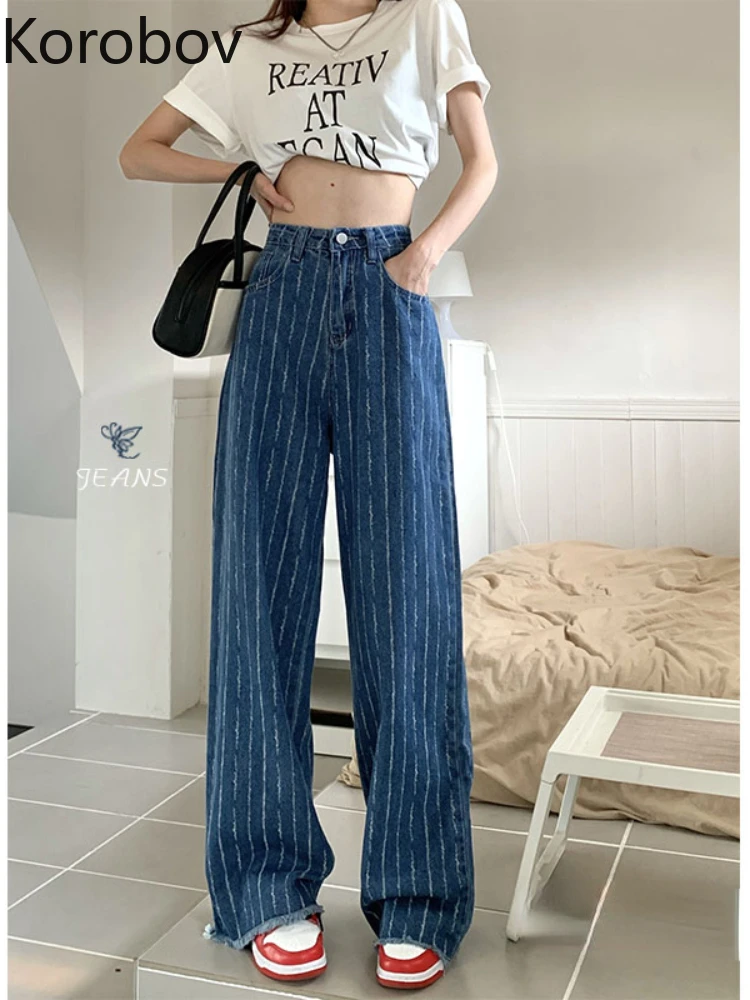 

Korobov Summer Vintage New Sense of Design Stripe Jeans High Waist Loose Wide Leg Pants Straight Fashion Pantalones De Mujer