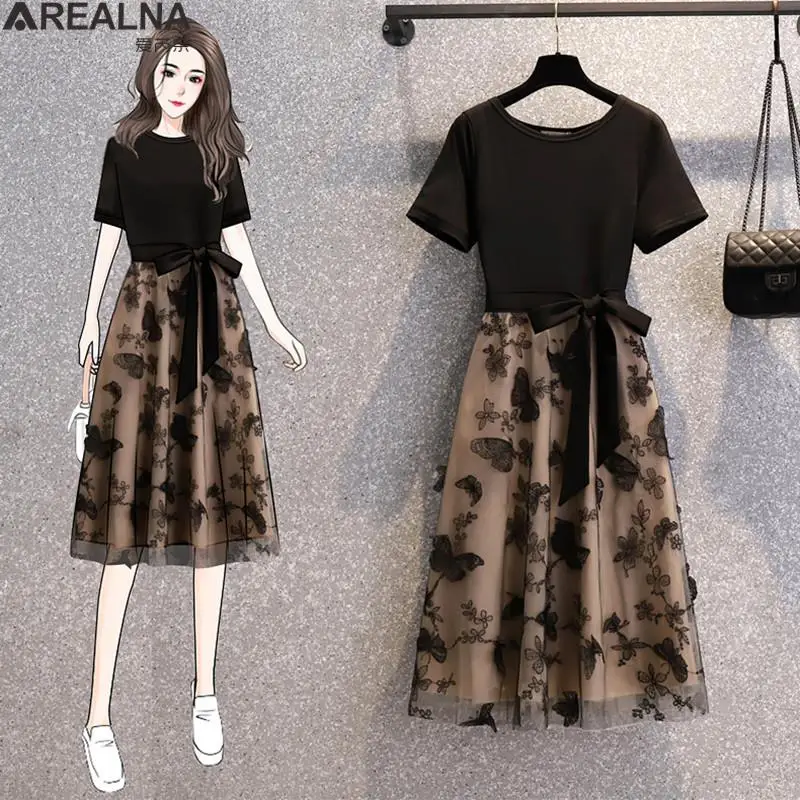 

Vintage Floral mesh patchwork Black Dress O-Neck short Sleeve Party bandage bow Vestidos Korean Elegant dresses for women 2022