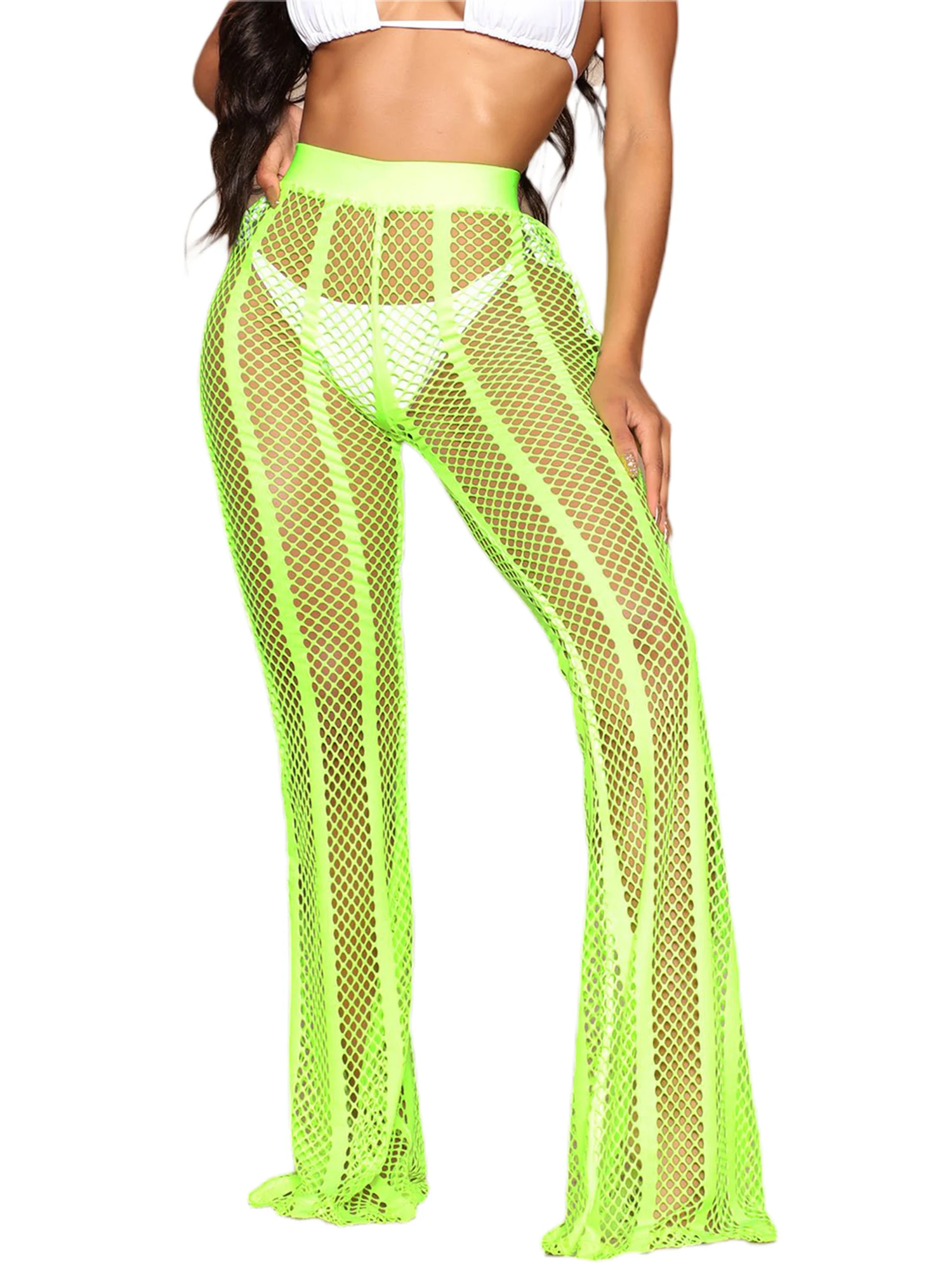 

Women Hollow-out Mesh Pants Sexy Fishnet Bikini Cover-up Bottoms See Through High Waist Beach Trouser Clubwear
