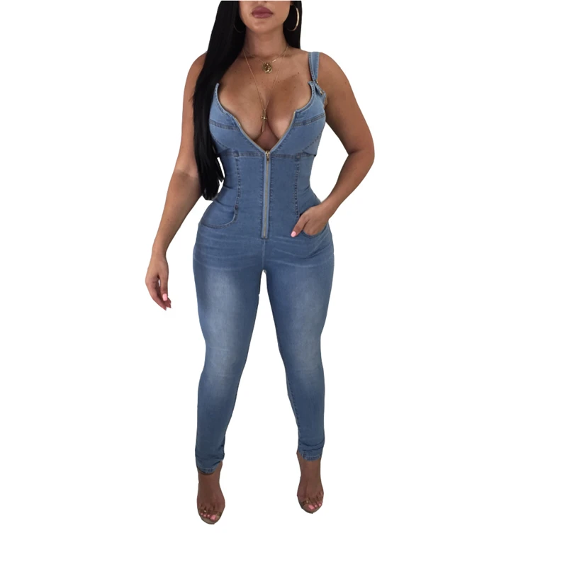 

2022 Summer Sexy Sleeveless Backless Zipper Jeans Denim Jumpsuit Playsuit Fashion Slim Bodycon Romper Overalls One Piece Outfits