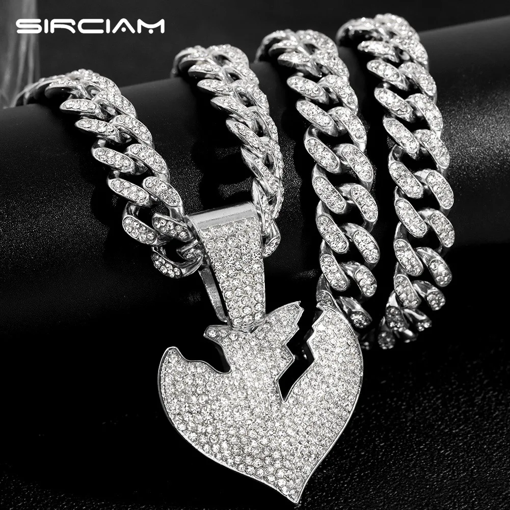 

Iced Out 13mm Miami Cuban Link Chain Necklace Men Women Bling Full Rhinestones Broken Heart Pendant Necklaces HipHop Jewelry New