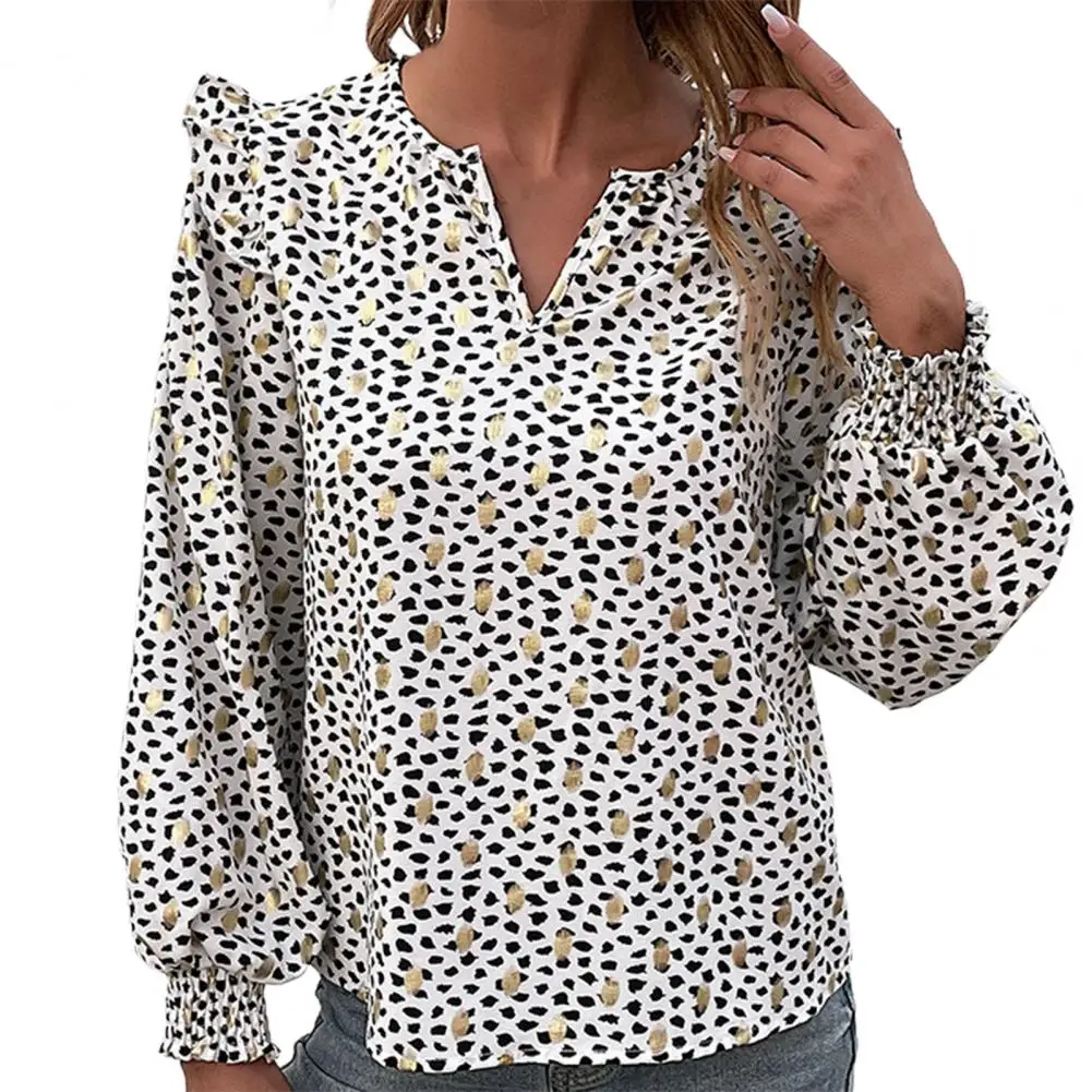 

Women Blouse Shirt V Neck Shoulder Pleating Ruffle Cuffs Puffs Long Sleeve Dot Print Pullover Top Elegant Blouses for Women