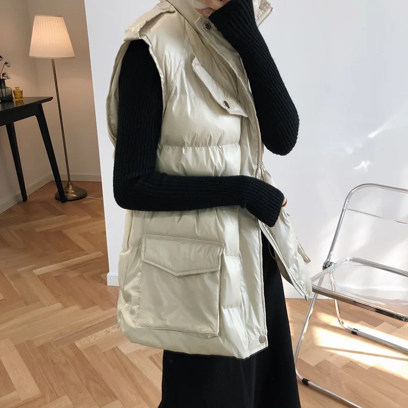 Warm Down Coat Women Fashion 2023 Winter Shiny Vest Zipper Pocket Vest Coat Sleeveless Cotton Parkas Women Femme Tops Streetwear