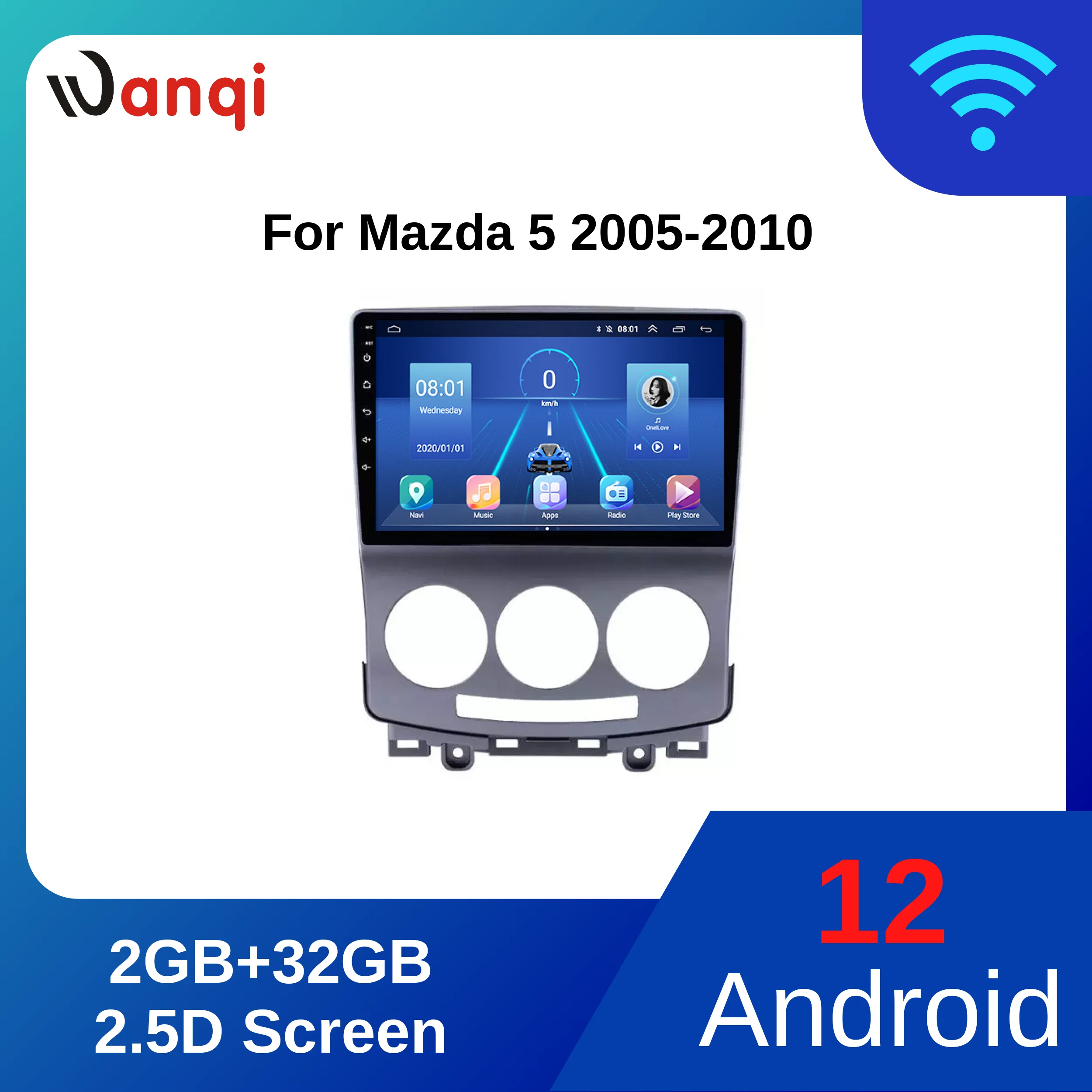 

Автомагнитола Wanqi 2.5D на Android 12 с сенсорным экраном, DVD-плеером для Mazda 5 2005-2010, GPS, ГЛОНАСС, навигацией, аудио, видео, SWC