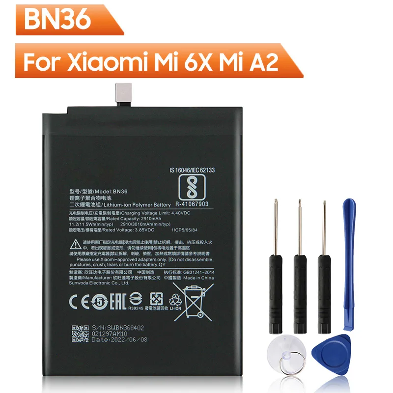 

Original Replacement Phone Battery BN36 For Xiaomi Mi6X Mi 6X MiA2 Mi A2 BN36 Rechargeable Battery 3010mAh