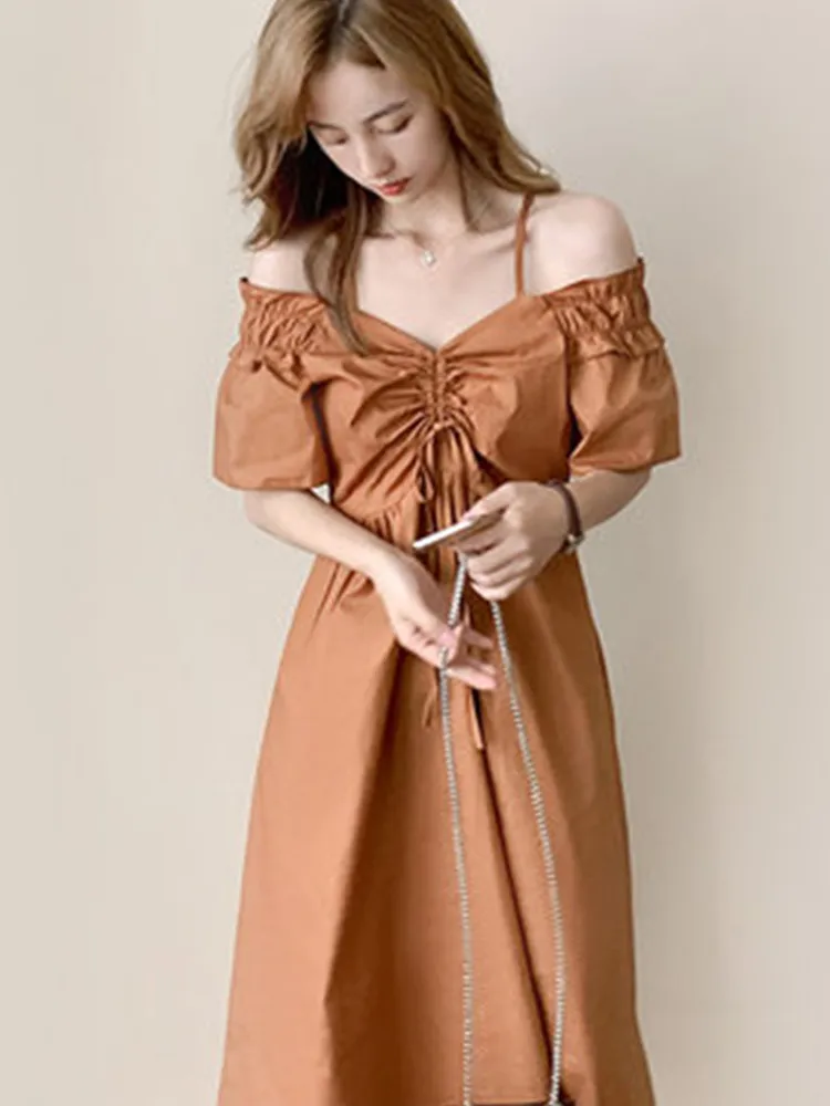 

New Summer Slash Neck Off Shouder Sexy Suspender Dress Women's Elegant French Style Clothing Spaghtti Strap Beach Dresses