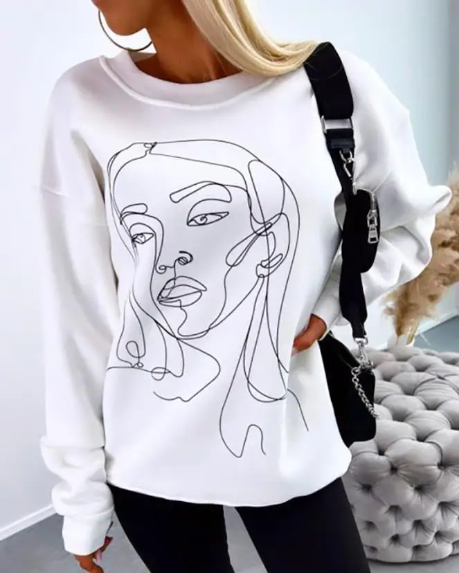 

Autumn Winter 2023 New Casual O Neck Daily Slight Stretch Figure Print Long Sleeve Temperament Commuting Sweatshirt for Women