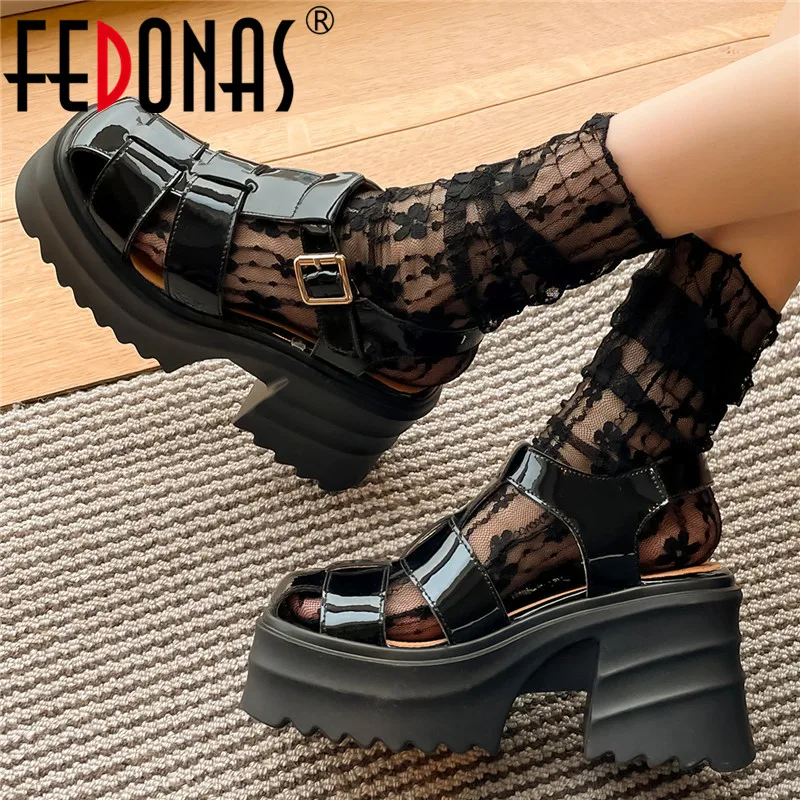 

FEDONAS Women Sandals Summer Hollow Gladiator Pumps Retro Style Platforms Genuine Leather Thick Heels Casual Working Shoes Woman