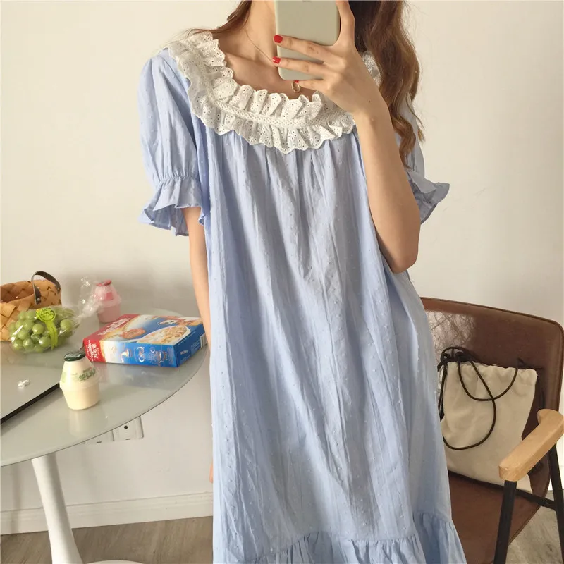2022 Summer Women's Kawaii Pajamas Nightdress Cotton Floral O-neck Thin Night Gown Homewear Vestidos Women Sleepwear Maxi Dress