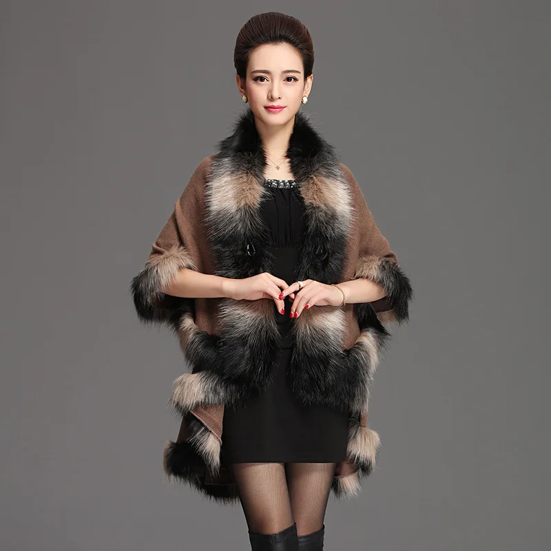 

Autumn Winter Imitation Fox Fur Collar Cape Knitted Cardigan Loose Coat Warm Poncho Lady Capes Khaki Cloaks