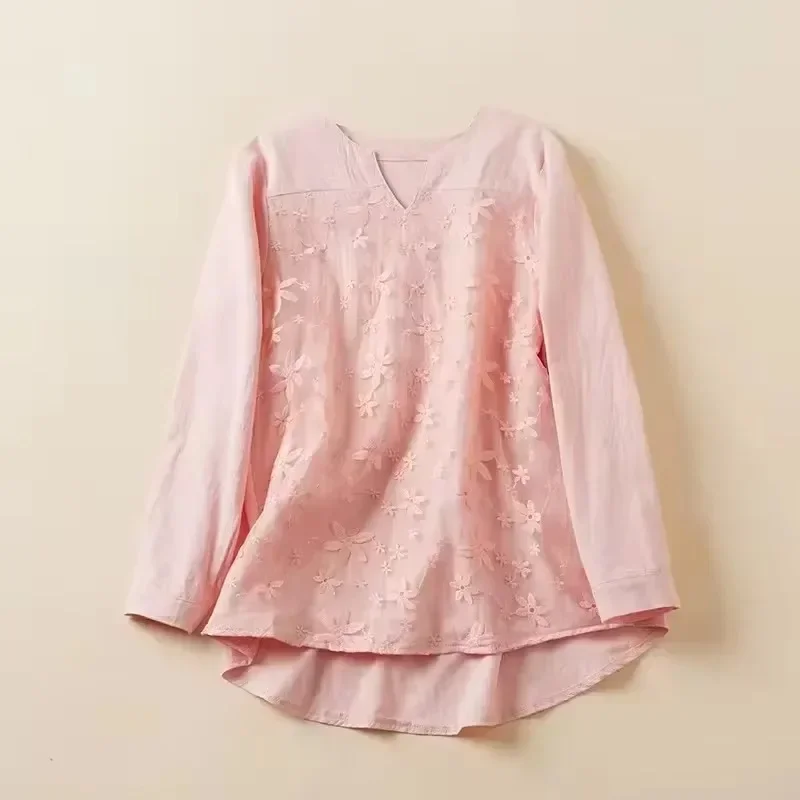 Лидер продаж 2024 женская хлопково-льняная блузка с v-образным вырезом и вышивкой