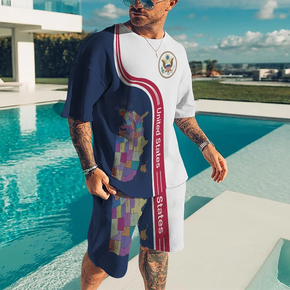 

2022New Fashion Men's Splicing Summer T-Shirt Shorts Suit Figure 2-Piece Sportswear Casual Jogging Suit Men's Outdoor Retro Suit