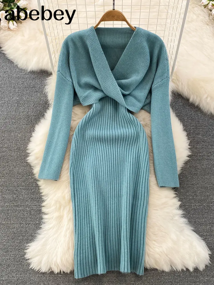 

2022 Knitted Women Sets Loose Long Sleeves Sweater Short Tops+ Solid Elastic Dress French Style Casual Two Piece Set Outfits