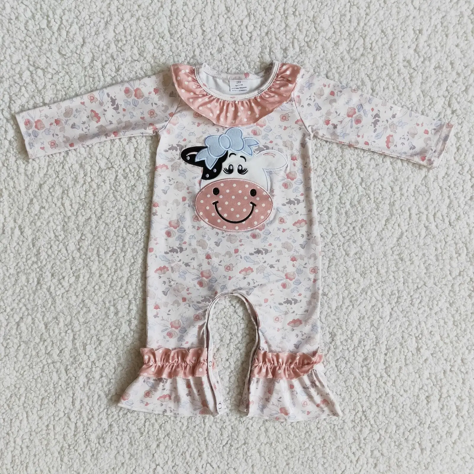 

floral printed ruffle design embroidery cow long sleeve autumn winter girls romper 100% cotton toddler girl clothes wholesale