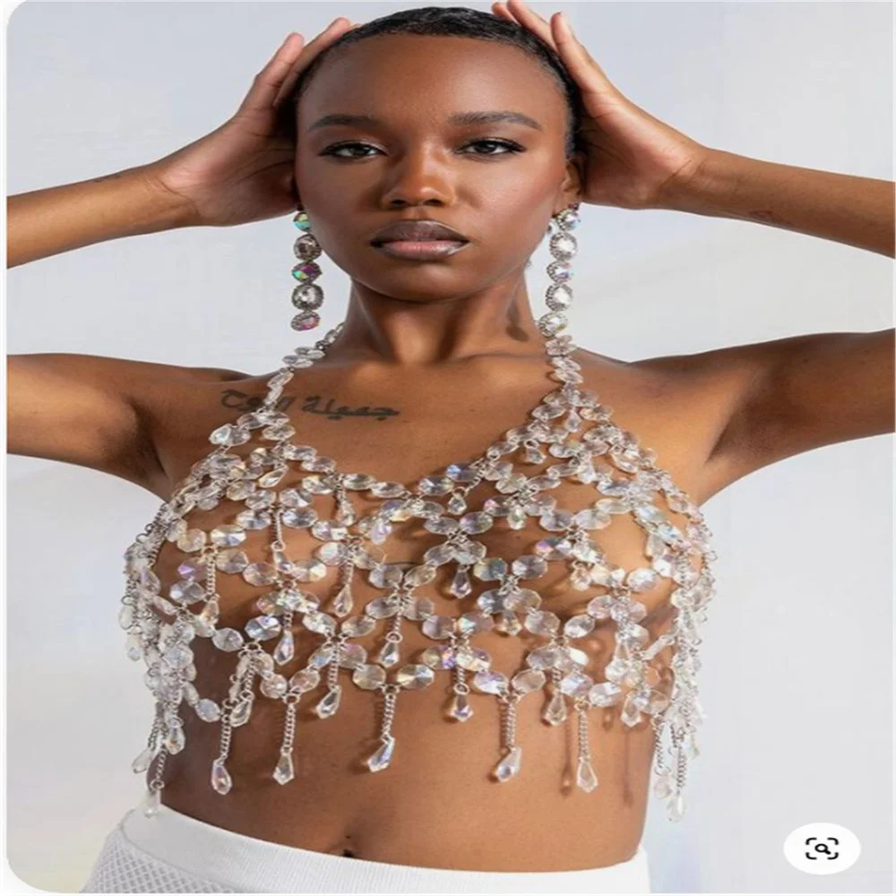 

New Transparent Crystal Acrylic Tank Top For Women Sexy Hollow Out Backlesss Halter Diamonds Nightclub Crop Tops Bustier