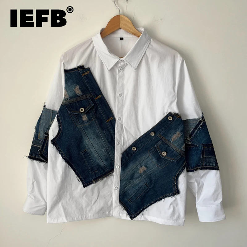 

IEFB Men's Tide Denim Patchwork Contrast Shirts Spring Summer Design Button Streetwear Lapel Personality Original Tops 28A0038