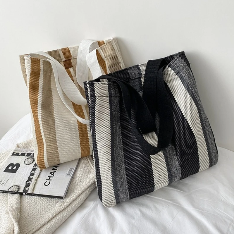

Simple Retro Handbag Small Fresh Striped Canvas Bags for Women 2022 Casual Literature and Art Large-capacity Shoulder Bag Female