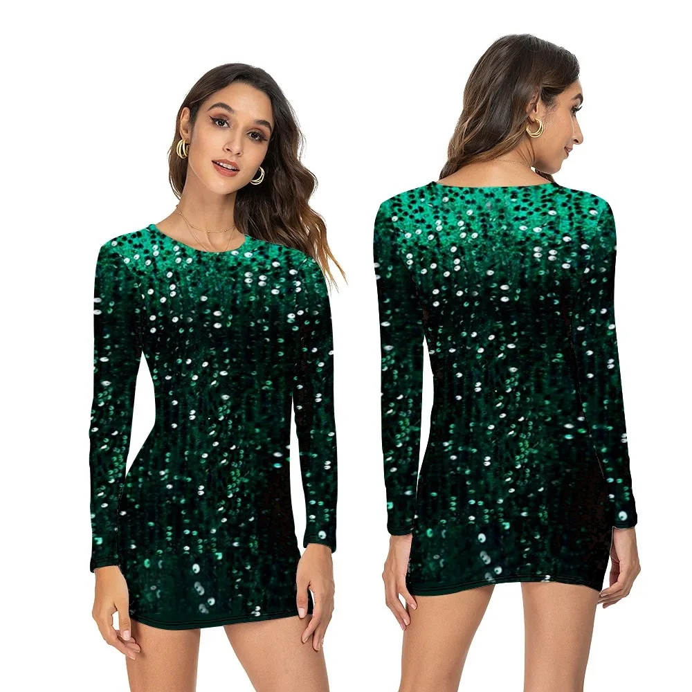 

XS-5XL Women Sequined Baffle Dress Spring Autumn Long-sleeve Bag Hip Skirt Sexy Gradient Green Print Round Neck Pullover Dresses