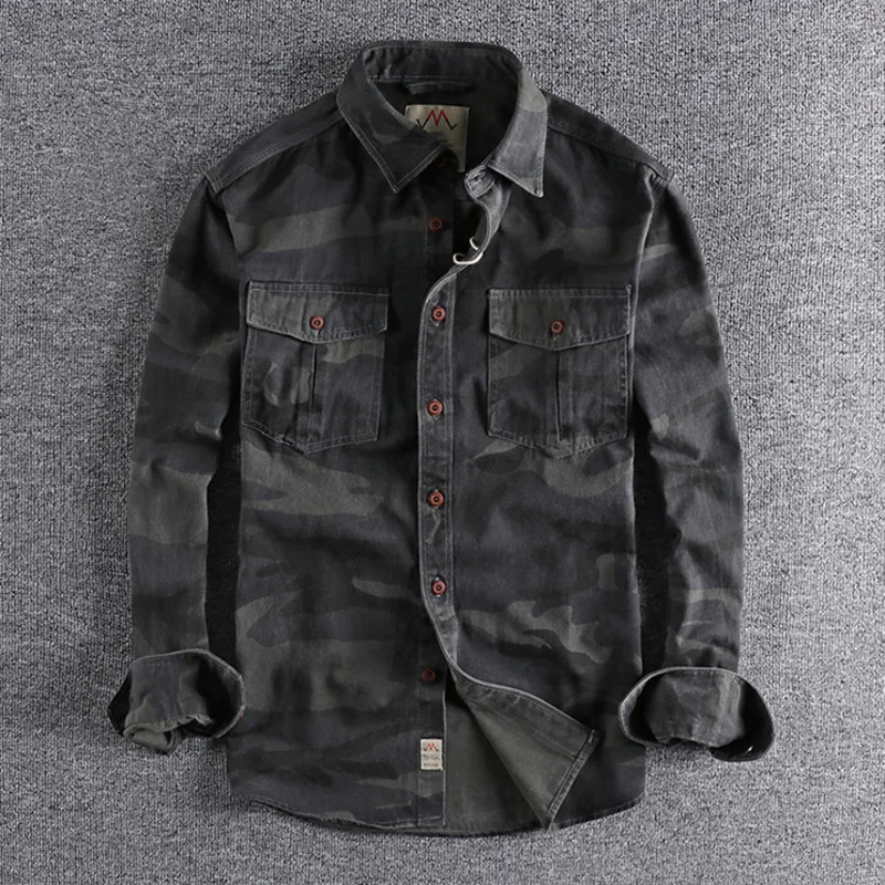 Men Cargo Military Shirts Blue Camouflage Cotton Washed Streetwear High Quality Work Safari Style Male Long Sleeve Shirt Jacket