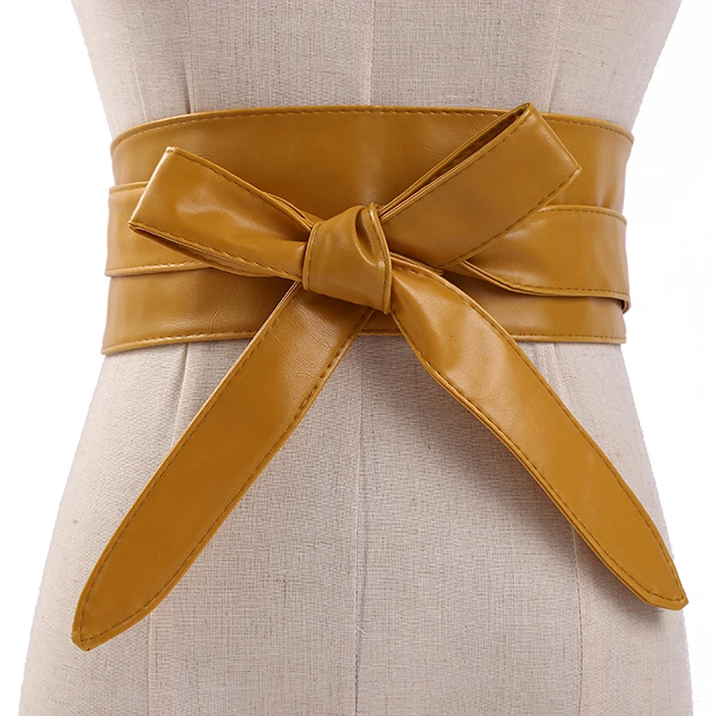 Solid Women Belt Leather Cummerbunds For Women Wide Waist Belt Bow Self Tie Wrap Brand Ladies Fashion Strap all-match