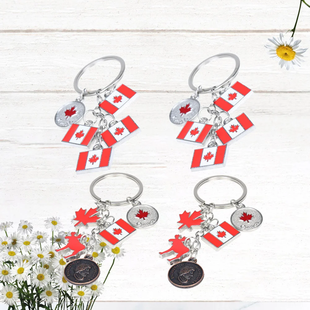 

4 PCS Metal Car Keychain National Flag Ring Maple Leaf Keychains Backpack Bag Charm