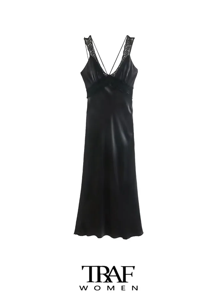 

TRAF Women Fashion With Lace Satin Midi Dress Vintage Backless Side Zipper Spaghetti Straps Female Dresses Vestidos Mujer