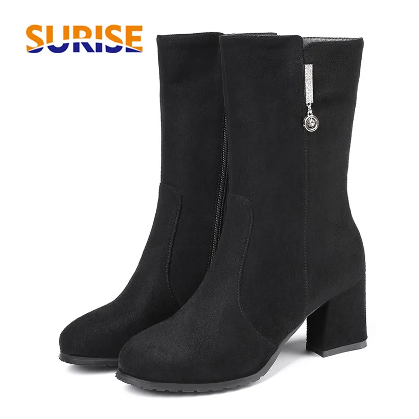 

Winter Women Mid-calf Boots Black Flock 6.5cm High Chunky Heel Casual Office Lady Round Toe Crystal Zipper Warm Plush Half Boots