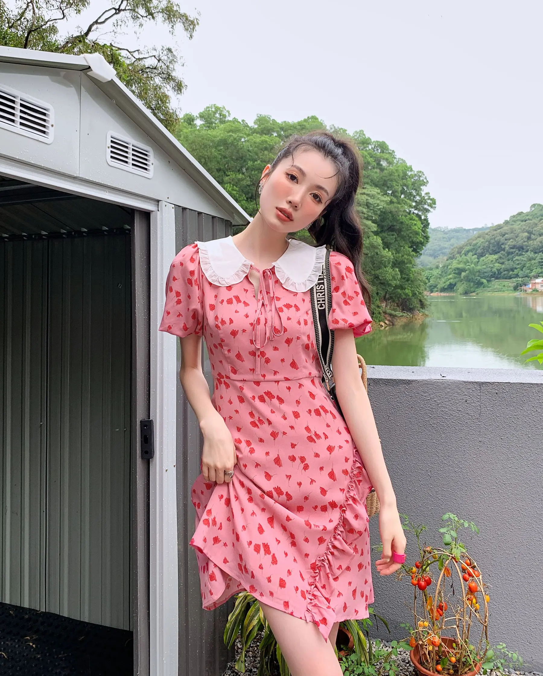 

DALMAZZO New Summer Designer Vintage French Sweet Floral Ruffles Dress Women Peter Pan Collar Short Sleeve Print Casual Vestidos